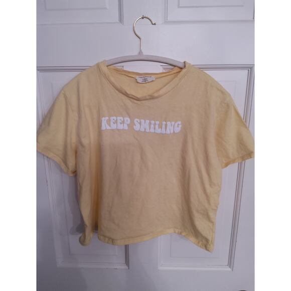 $Women's yellow crop top SZ LG Happy smiley face Philosophy of love brand - Picture 2 of 5